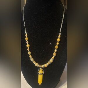 Golden Yellow Beaded Necklace with Faceted Pendant - Women's Jewelry